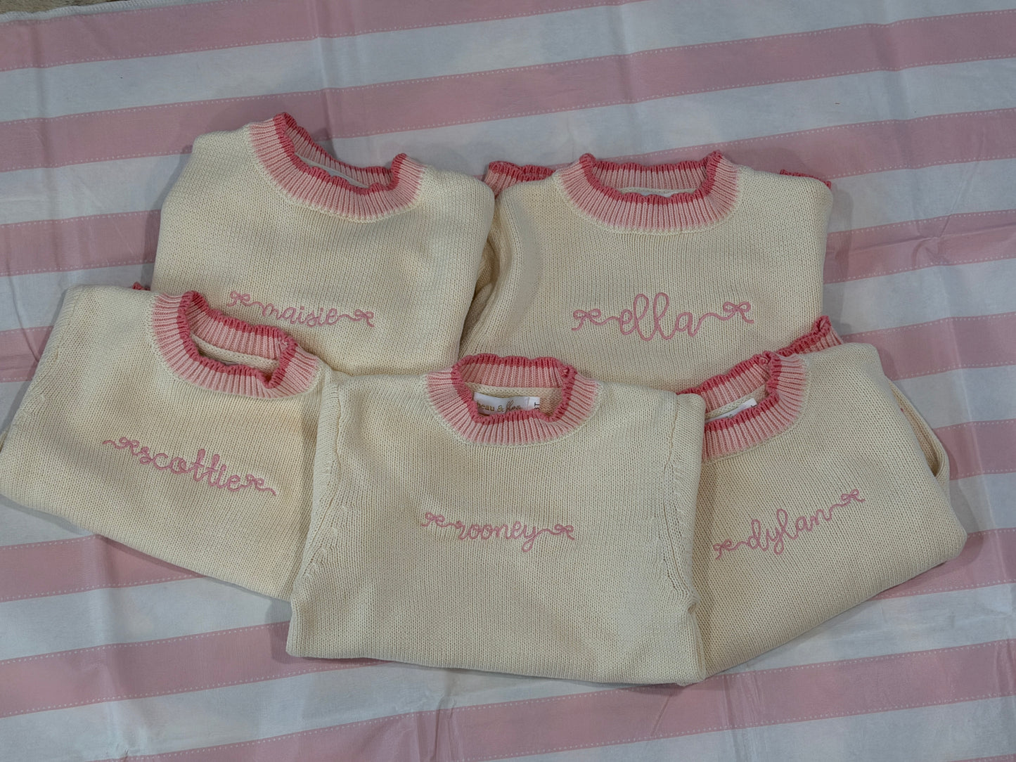 Personalized Scalloped Knit Sweater for Kids - Custom Embroidered Name, Cream with Pink Trim