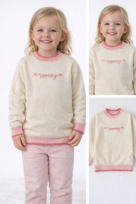 Personalized Scalloped Knit Sweater for Kids - Custom Embroidered Name, Cream with Pink Trim