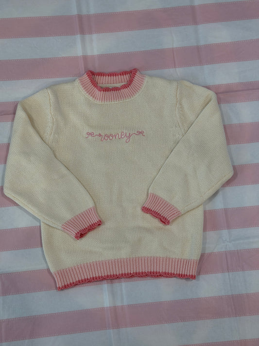 Personalized Scalloped Knit Sweater for Kids - Custom Embroidered Name, Cream with Pink Trim